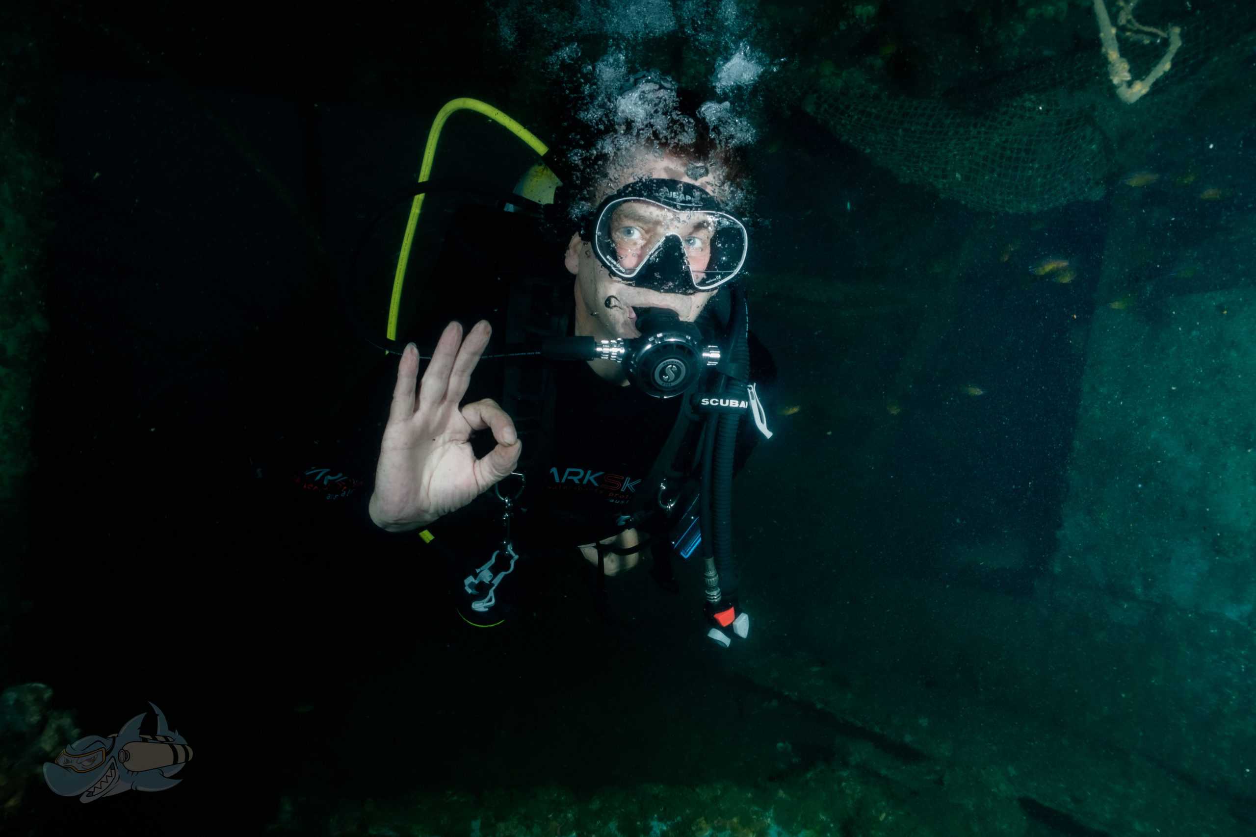 A diver doing a limited penetration of the trawler wreck