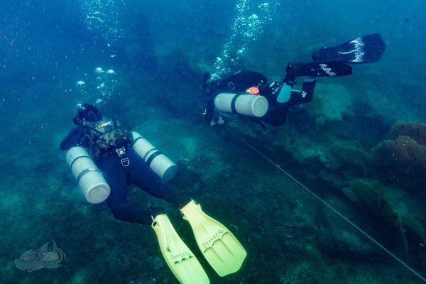 Two scubadivers at a deep dive site
